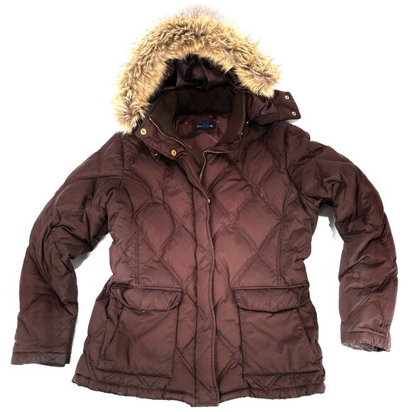 Lands End Down Jacket Womens Large 14-16 Brown Down Filled Zip Up Coat Fur Hood - Picture 5 of 14